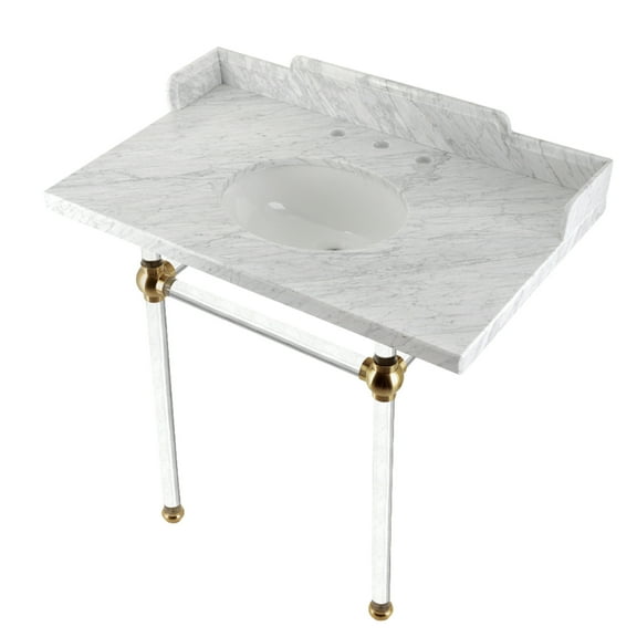 Kingston Brass LMS36MA7 Pemberton 36" Carrara Marble Console Sink with Acrylic Legs (8-Inch, 3-Hole), Carrara Marble White/Brushed Brass