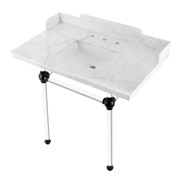 Kingston Brass LMS36MASQ0 Pemberton 36" Carrara Marble Console Sink with Acrylic Legs (8-Inch, 3-Hole), Carrara Marble White/Matte Black