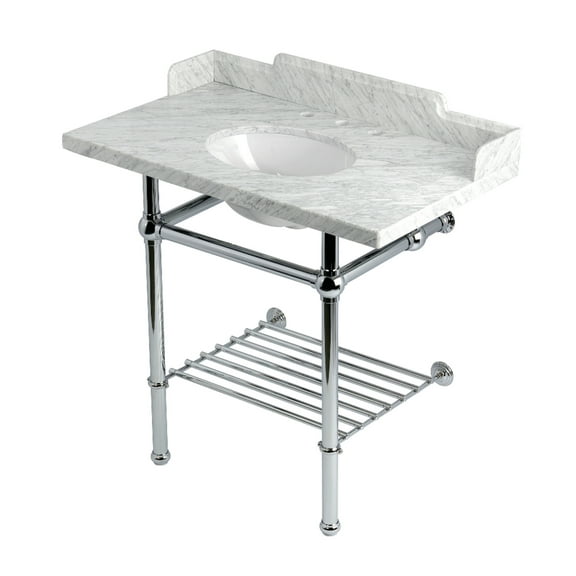 Kingston Brass LMS36MBB1 Pemberton 36" Carrara Marble Console Sink with Brass Legs and Shelf (8-Inch, 3-Hole), Carrara Marble White/Polished Chrome