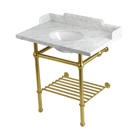 Kingston Brass LMS36MBB7 Pemberton 36" Carrara Marble Console Sink with Brass Legs and Shelf (8-Inch, 3-Hole), Carrara Marble White/Brushed Brass