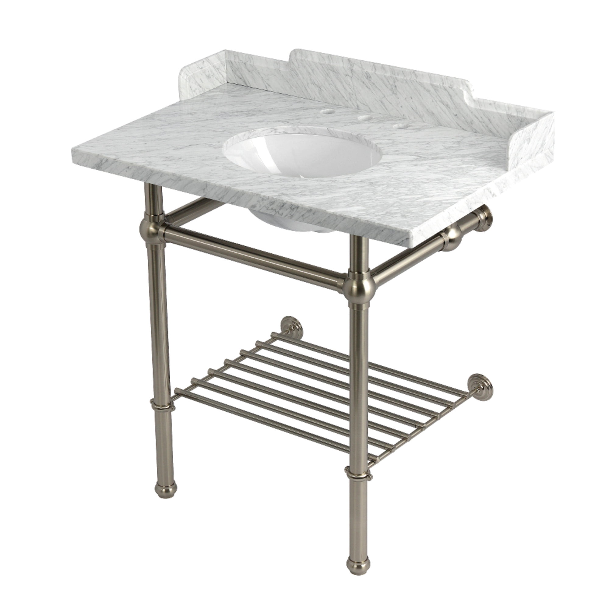Kingston Brass LMS36MBB8 Pemberton 36" Carrara Marble Console Sink with Brass Legs and Shelf (8-Inch, 3-Hole), Carrara Marble White/Brushed Nickel