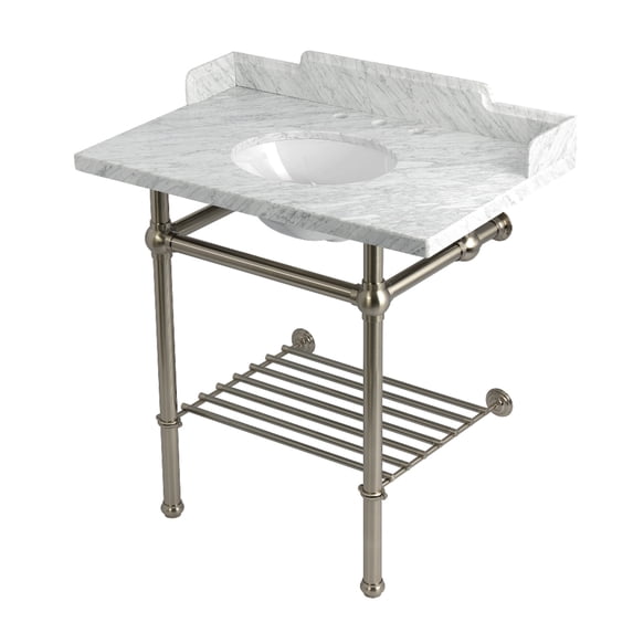 Kingston Brass LMS36MBB8 Pemberton 36" Carrara Marble Console Sink with Brass Legs and Shelf (8-Inch, 3-Hole), Carrara Marble White/Brushed Nickel