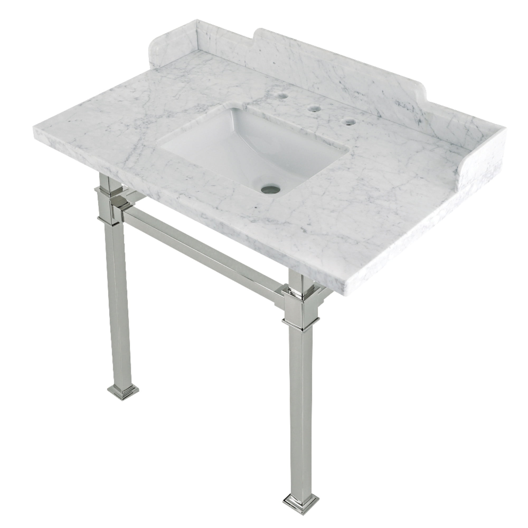 Kingston Brass LMS36MSQ6 Viceroy 36" Carrara Marble Console Sink with Stainless Steel Legs (8-Inch, 3-Hole), Carrara Marble White/Polished Nickel