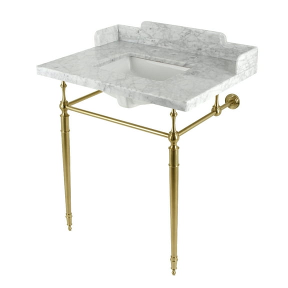Kingston Brass LMS3022M8SQ7 Habsburg 30" Carrara Marble Console Sink with Brass Legs (8-Inch, 3-Hole), Carrara Marble White/Brushed Brass