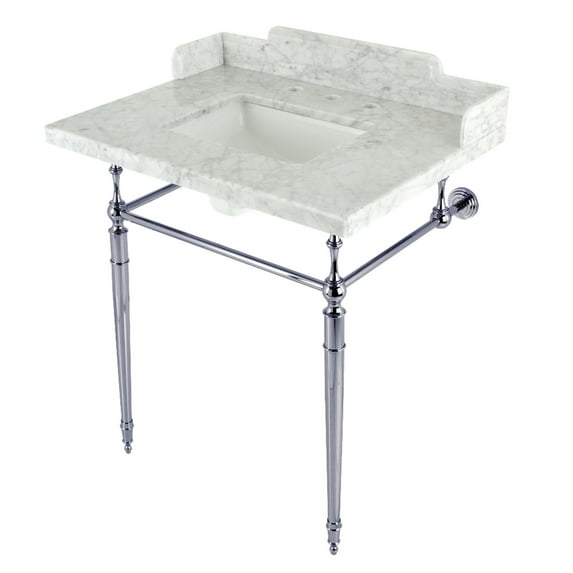 Kingston Brass LMS3022M8SQ1 Habsburg 30" Carrara Marble Console Sink with Brass Legs (8-Inch, 3-Hole), Carrara Marble White/Polished Chrome