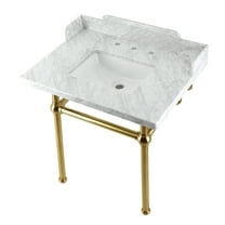 Kingston Brass LMS3030MBSQ7 Pemberton 30" Carrara Marble Console Sink with Brass Legs (8-Inch, 3-Hole), Carrara Marble White/Brushed Brass
