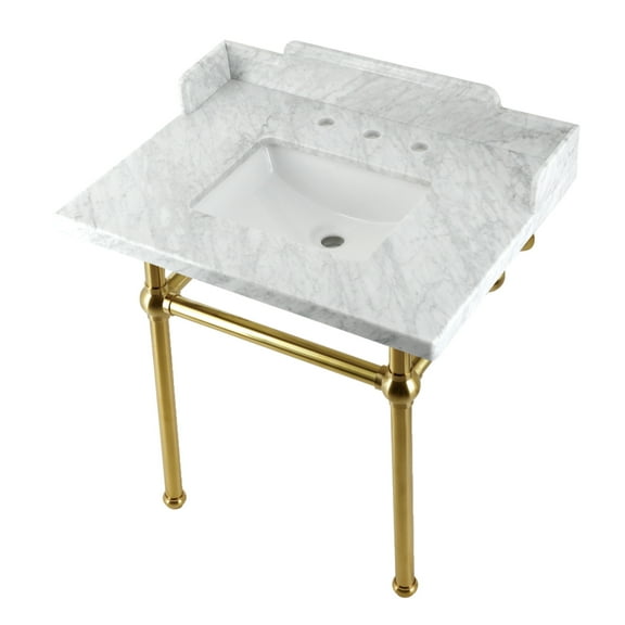 Kingston Brass LMS3030MBSQ7 Pemberton 30" Carrara Marble Console Sink with Brass Legs (8-Inch, 3-Hole), Carrara Marble White/Brushed Brass