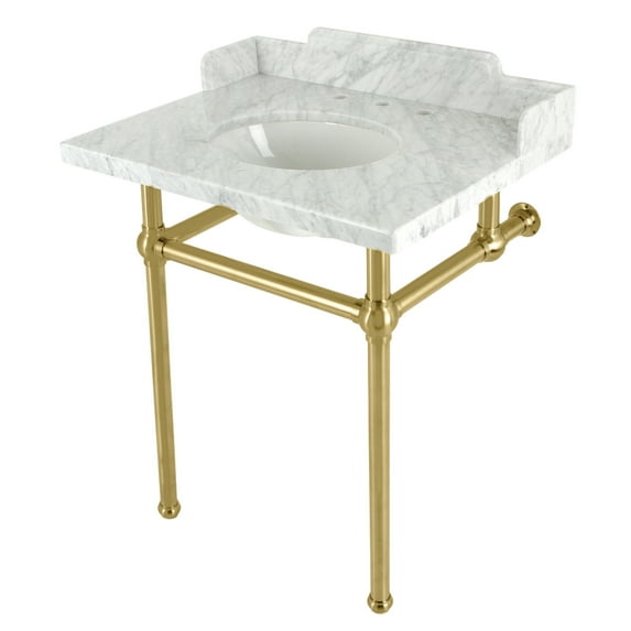 Kingston Brass LMS30MB7 Pemberton 30" Carrara Marble Console Sink with Brass Legs (8-Inch, 3-Hole), Carrara Marble White/Brushed Brass