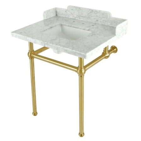 Kingston Brass LMS30MBSQ7 Pemberton 30" Carrara Marble Console Sink with Brass Legs (8-Inch, 3-Hole), Carrara Marble White/Brushed Brass