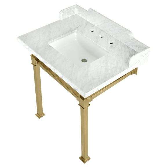 Kingston Brass LMS30MSQ7 Viceroy 30" Carrara Marble Console Sink with Stainless Steel Legs (8-Inch, 3-Hole), Carrara Marble White/Brushed Brass