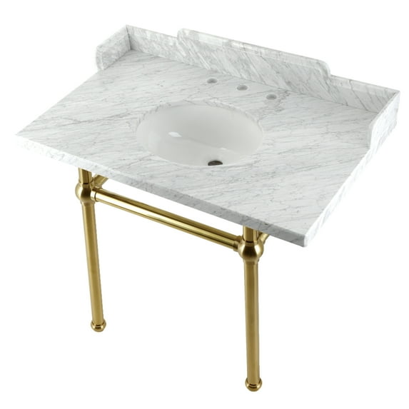 Kingston Brass LMS3630MB7 Pemberton 36" Carrara Marble Console Sink with Brass Legs (8-Inch, 3-Hole), Carrara Marble White/Brushed Brass