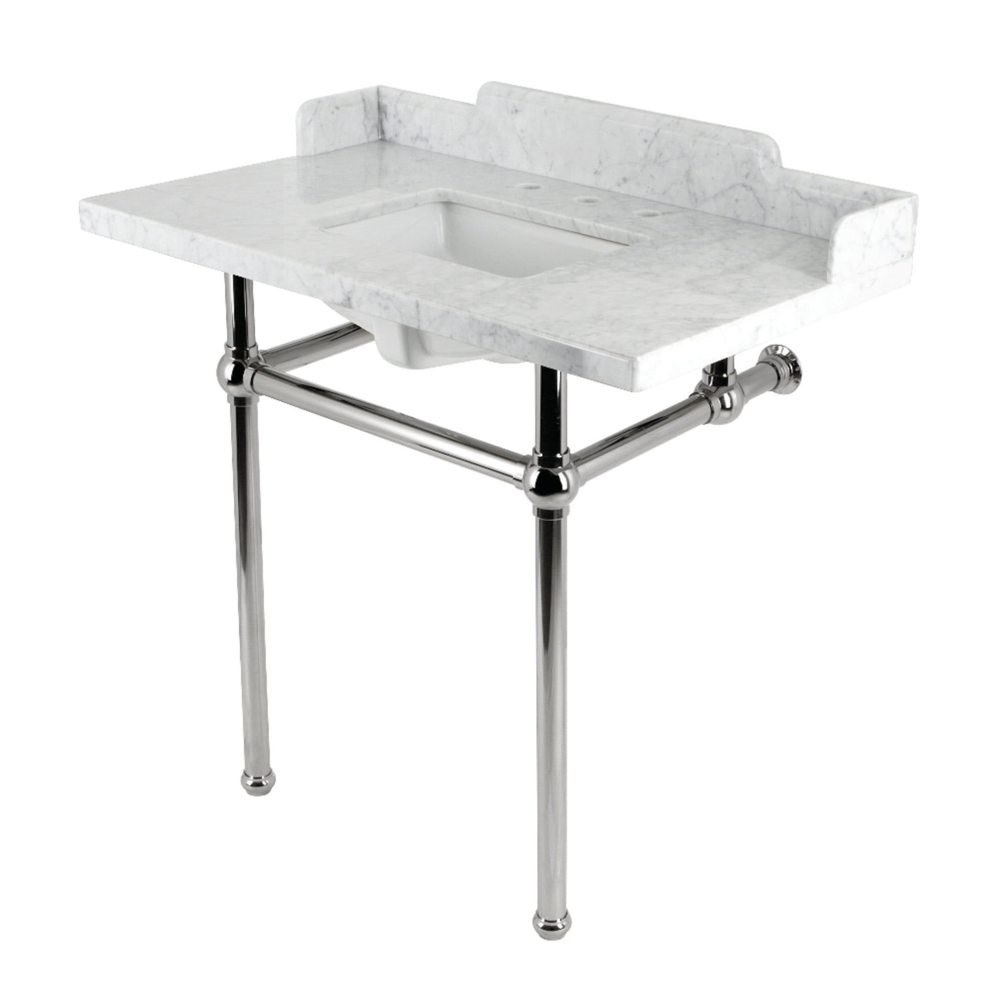 Kingston Brass LMS36MBSQ6 Pemberton 36" Carrara Marble Console Sink with Brass Legs (8-Inch, 3-Hole), Carrara Marble White/Polished Nickel