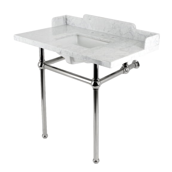 Kingston Brass LMS36MBSQ6 Pemberton 36" Carrara Marble Console Sink with Brass Legs (8-Inch, 3-Hole), Carrara Marble White/Polished Nickel