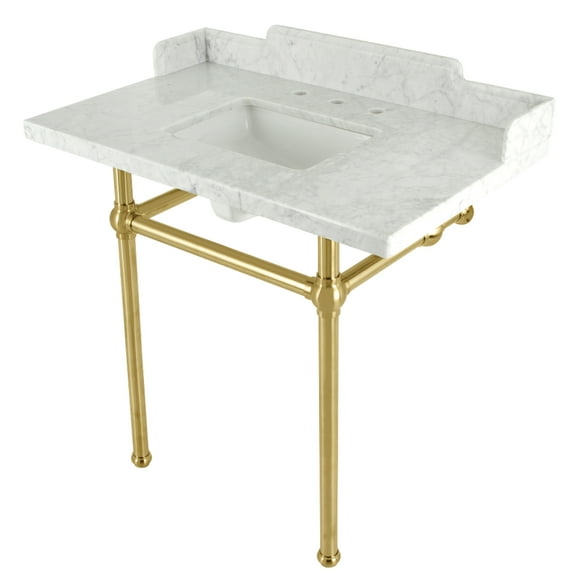 Kingston Brass LMS36MBSQ7 Pemberton 36" Carrara Marble Console Sink with Brass Legs (8-Inch, 3-Hole), Carrara Marble White/Brushed Brass