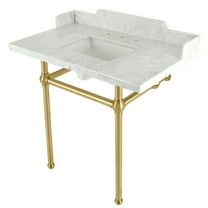 Kingston Brass LMS36MBSQ7 Pemberton 36" Carrara Marble Console Sink with Brass Legs (8-Inch, 3-Hole), Carrara Marble White/Brushed Brass