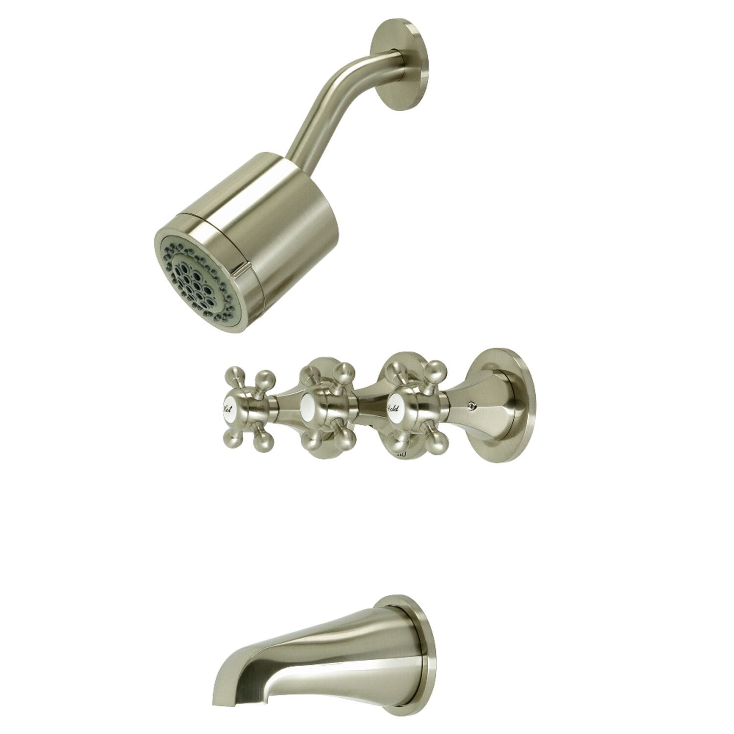 Brushed Nickel Triple-Handle Wall Mounted Tub and Shower Faucet