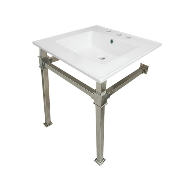 Kingston Brass KVPB25228Q6 Monarch 25" Ceramic Console Sink with Stainless Steel Legs (8-Inch, 3-Hole), White/Polished Nickel
