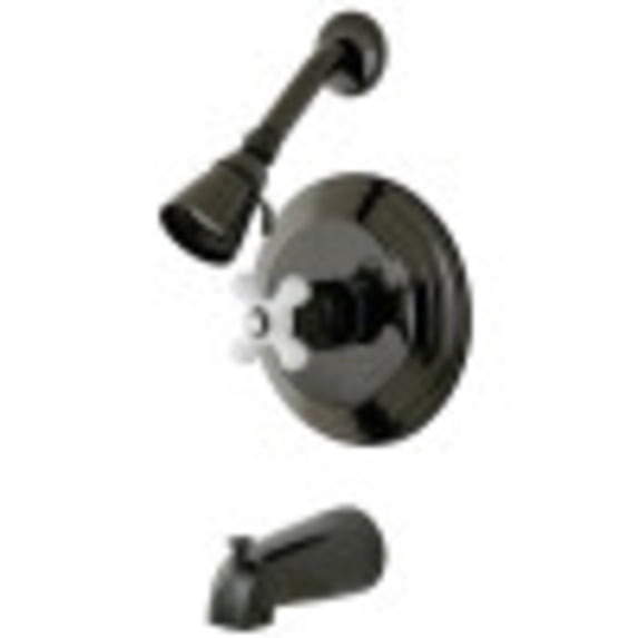 Kingston Brass NB3630PX Water Onyx Pressure Balanced Tub & Shower Faucet with Porcelain Cross Handle, Black Stainless Steel