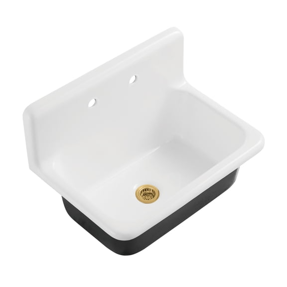 Kingston Brass Petra Galley KGCKWS3020107 Cast Iron Single Bowl Wall Mount Kitchen Sink with 2-Hole Drain and Strainer, White/Brushed Brass