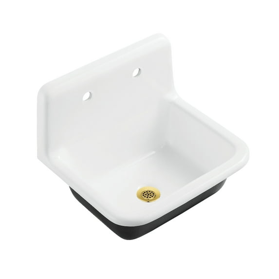 Kingston Brass Petra Galley KGCLWS221877 Cast Iron Single Bowl Wall Mount Utility Sink with Drain, White/Brushed Brass