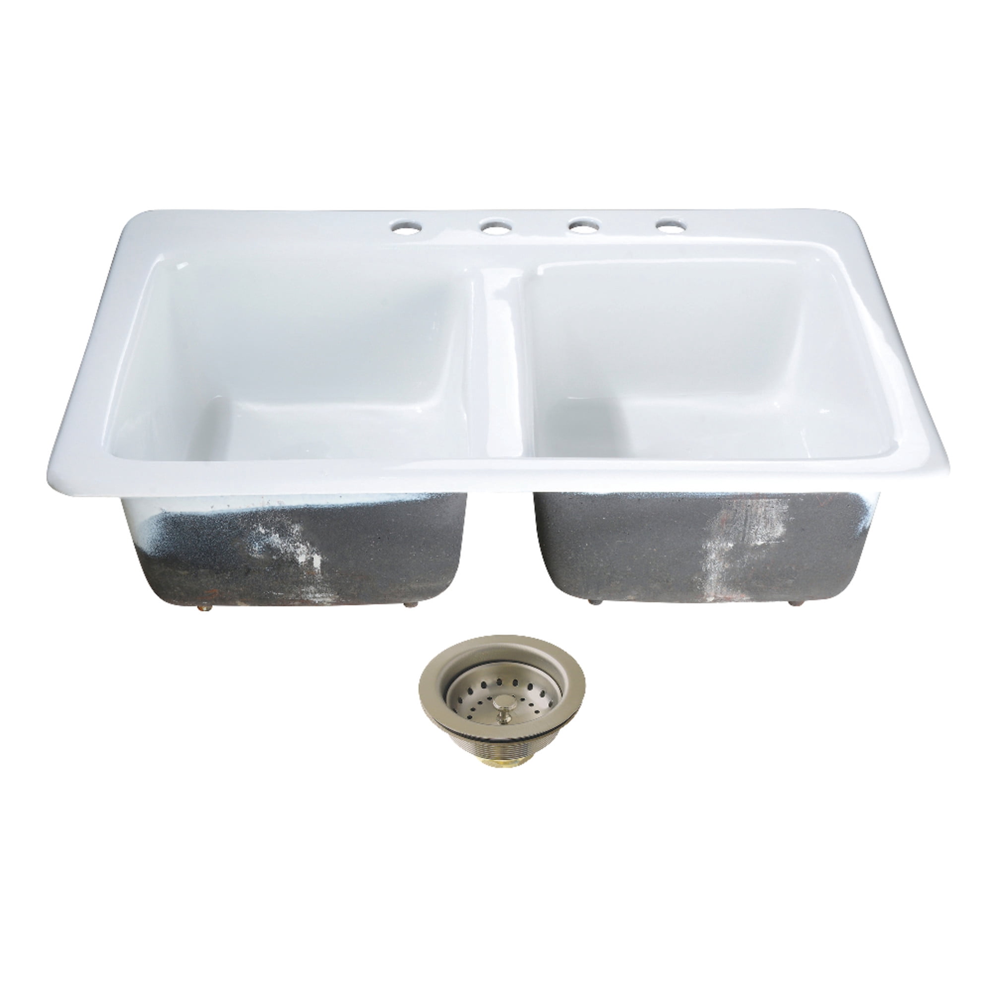 Kingston Brass KGT33229D48 Petra Galley 33-Inch Cast Iron Self-Rimming Double Bowl Drop-In Kitchen Sink (4-Hole) with Basket Strainers x 2 in White/Brushed Nickel