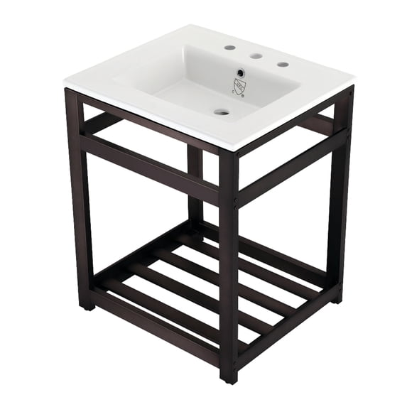 Kingston Brass VWP2522W8A5 Quadras 25" Ceramic Console Sink with Steel Base and Shelf (8-Inch, 3-Hole), White/Oil Rubbed Bronze
