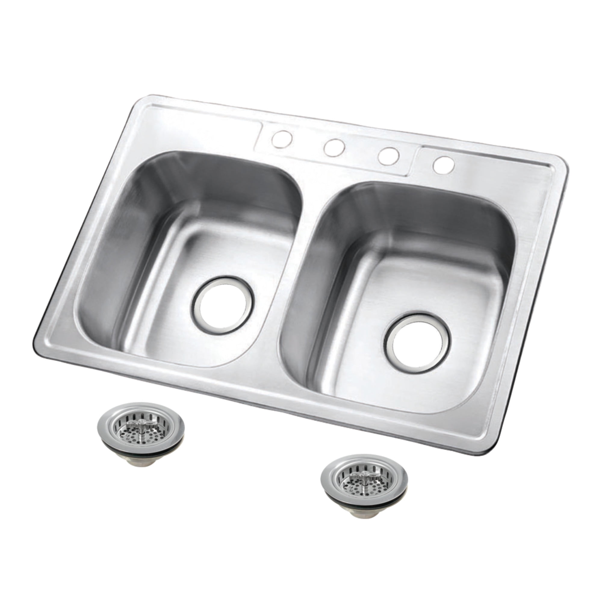 Kingston Brass Studio KGKTD332261 33" Stainless Steel Self-Rimming Double Bowl Drop-In Kitchen Sink with 4-Hole Drain and Strainer, Stainless Steel/Polished Chrome