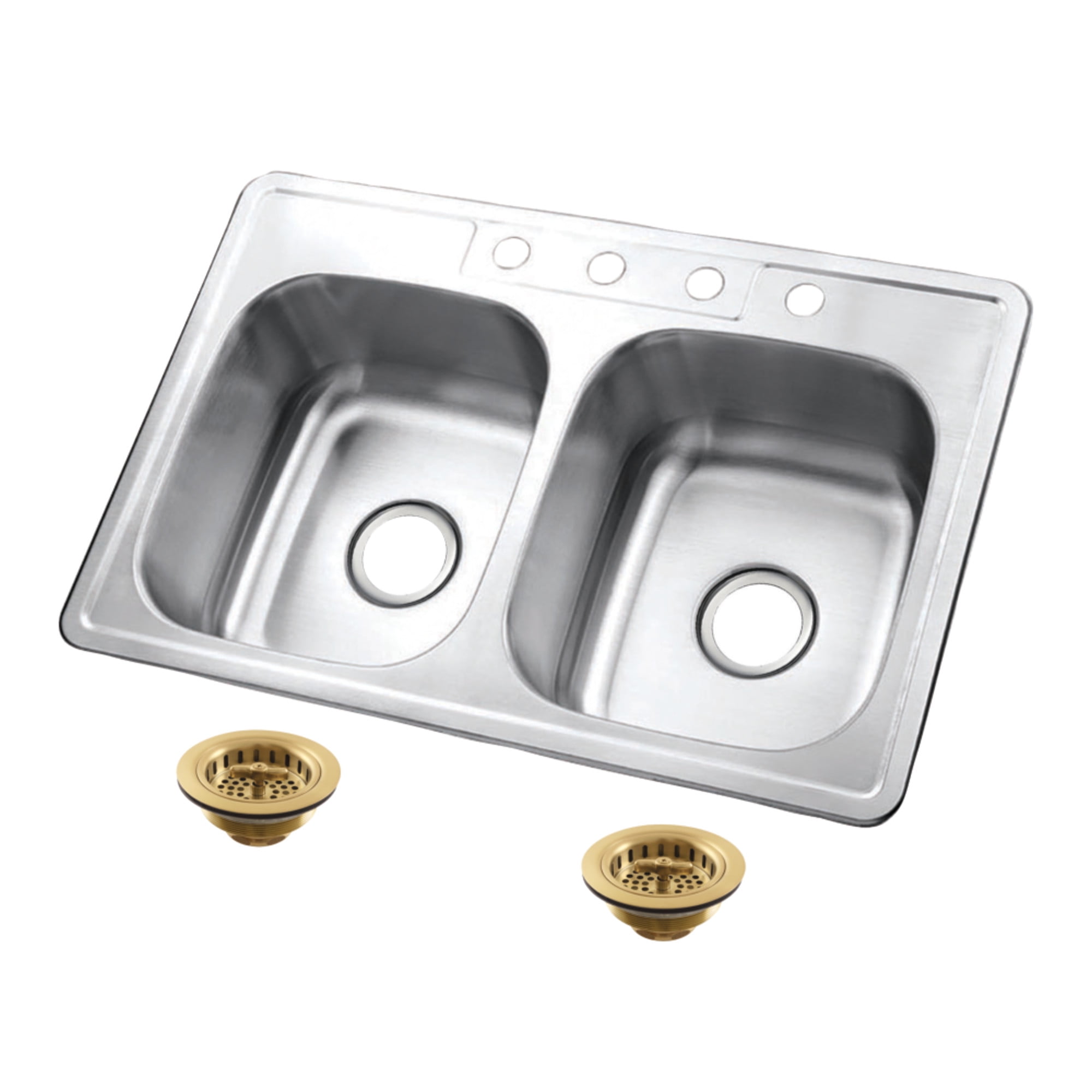 Kingston Brass Studio KGKTD332267 33" Stainless Steel Self-Rimming Double Bowl Drop-In Kitchen Sink with 4-Hole Drain and Strainer, Stainless Steel/Brushed Brass
