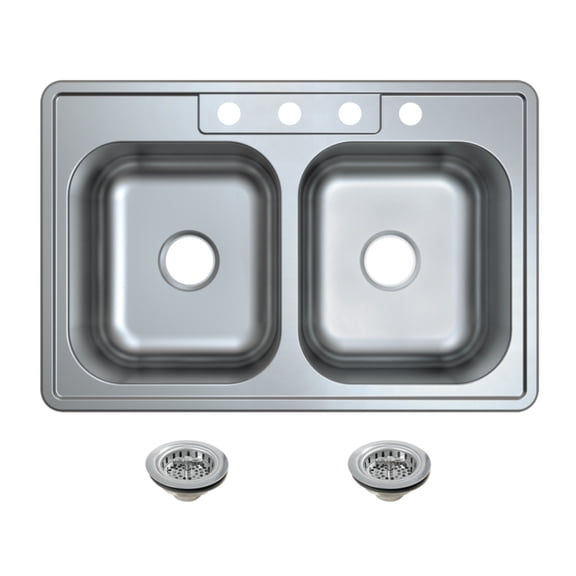 Kingston Brass Studio KGKTD332281 33" Stainless Steel Self-Rimming Double Bowl Drop-In Kitchen Sink with 4-Hole Drain and Strainer, Stainless Steel/Polished Chrome