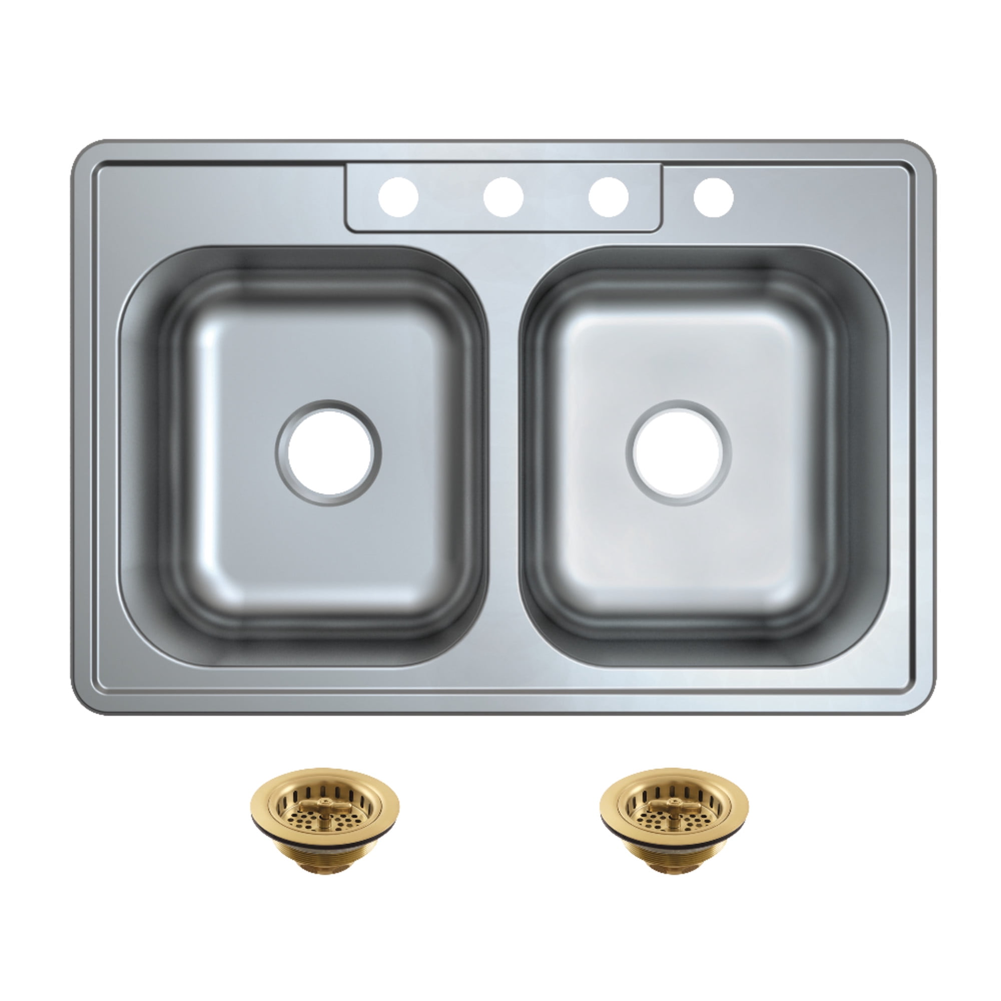 Kingston Brass Studio KGKTD332287 33" Stainless Steel Self-Rimming Double Bowl Drop-In Kitchen Sink with 4-Hole Drain and Strainer, Stainless Steel/Brushed Brass