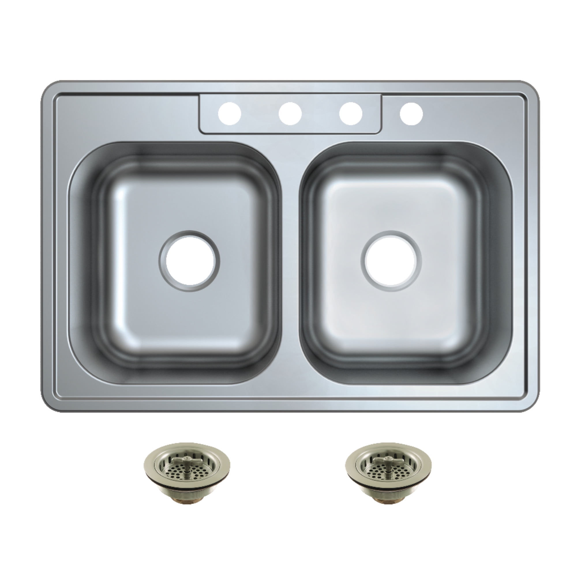 Kingston Brass Studio KGKTD332288 33" Stainless Steel Self-Rimming Double Bowl Drop-In Kitchen Sink with 4-Hole Drain and Strainer, Stainless Steel/Brushed Nickel