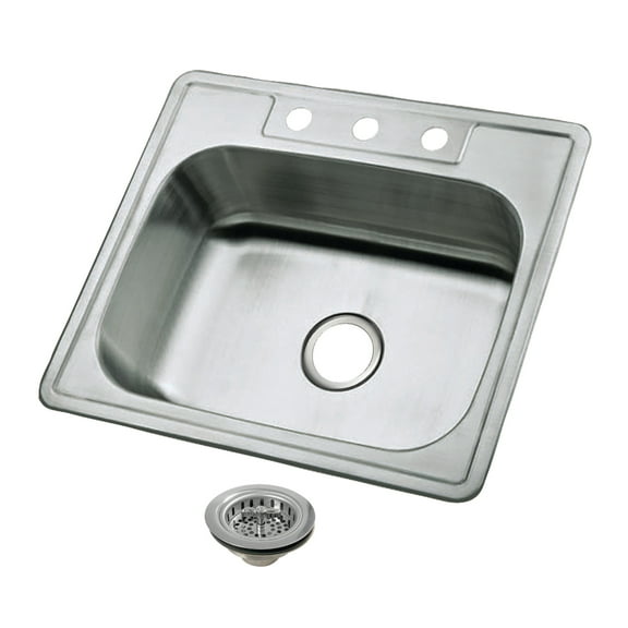 Kingston Brass Studio KGKTS25201 25" Stainless Steel Self-Rimming Single Bowl Bar Sink with 3-Hole Drain and Strainer, Stainless Steel/Polished Chrome