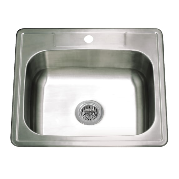 Kingston Brass Studio KGKTS2522811 25" Stainless Steel Self-Rimming Single Bowl Bar Sink with 1-Hole Drain and Strainer, Stainless Steel/Polished Chrome