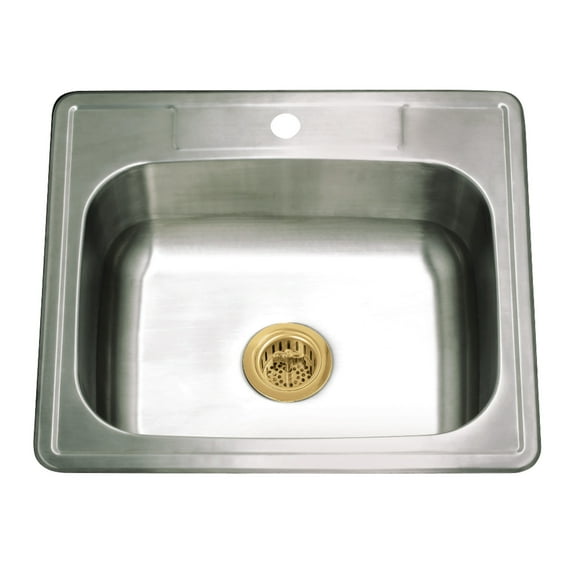 Kingston Brass Studio KGKTS2522817 25" Stainless Steel Self-Rimming Single Bowl Bar Sink with 1-Hole Drain and Strainer, Stainless Steel/Brushed Brass