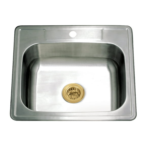 Kingston Brass Studio KGKTS2522917 25" Stainless Steel Self-Rimming Single Bowl Bar Sink with 1-Hole Drain and Strainer, Stainless Steel/Brushed Brass