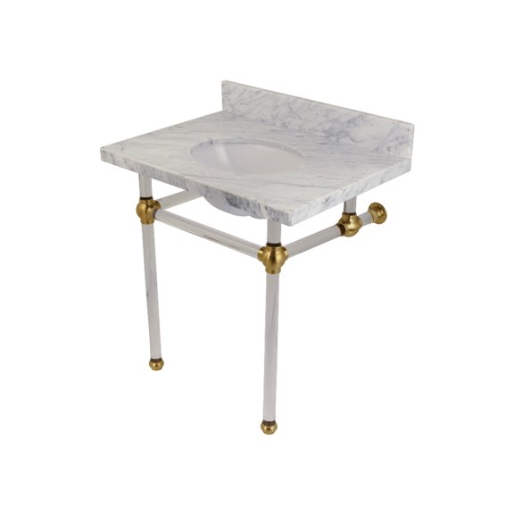 Kingston Brass Templeton 30 inch Carrara Marble Vanity Sink Top with Acrylic Legs, 3-Hole, White and Brushed Brass