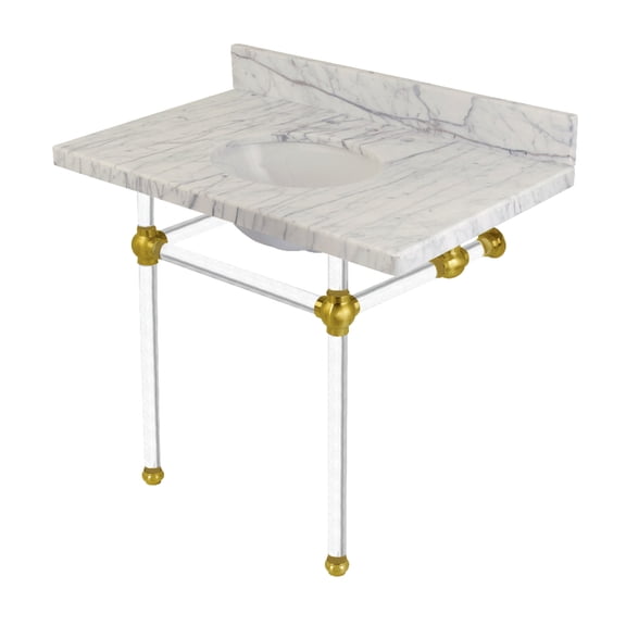 Kingston Brass KVPB3630MA7 Templeton 36" Carrara Marble Vanity Top with Acrylic Legs (8-Inch, 3-Hole), Carrara Marble White/Brushed Brass