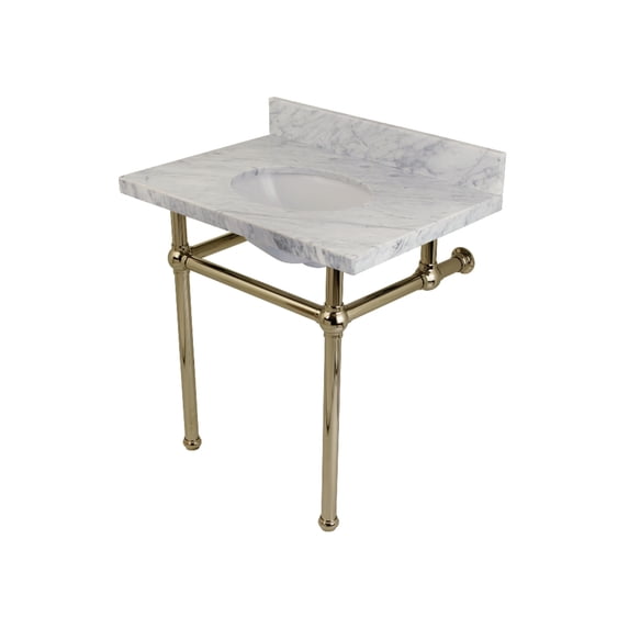 Kingston Brass KVPB3030MB6 Templeton 30" Carrara Marble Vanity Top with Brass Legs (8-Inch, 3-Hole), Carrara Marble White/Polished Nickel