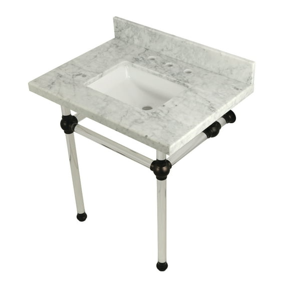 Kingston Brass KVPB3030MASQ5 Templeton 30" Carrara Marble Vanity Top with Acrylic Legs (8-Inch, 3-Hole), Carrara Marble White/Oil Rubbed Bronze
