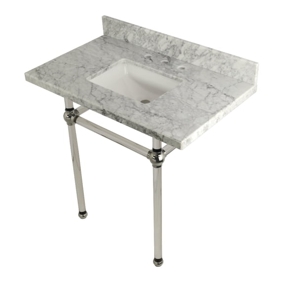 Kingston Brass KVPB36MASQ6 Templeton 36" Carrara Marble Vanity Top with Acrylic Legs (8-Inch, 3-Hole), Carrara Marble White/Polished Nickel