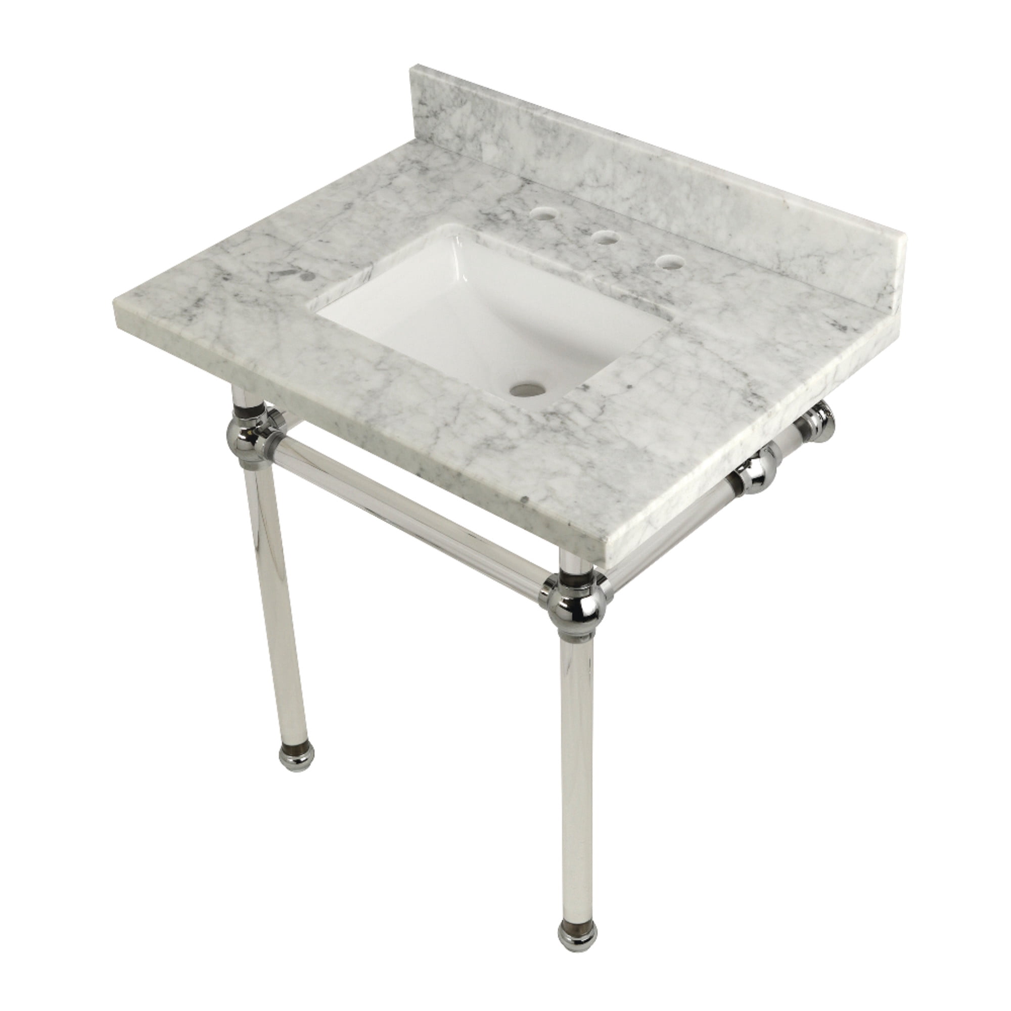 Kingston Brass KVPB3030MASQ1 Templeton 30" Carrara Marble Vanity Top with Acrylic Legs (8-Inch, 3-Hole), Carrara Marble White/Polished Chrome