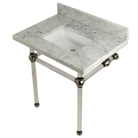 Kingston Brass KVPB3030MASQ6 Templeton 30" Carrara Marble Vanity Top with Acrylic Legs (8-Inch, 3-Hole), Carrara Marble White/Polished Nickel
