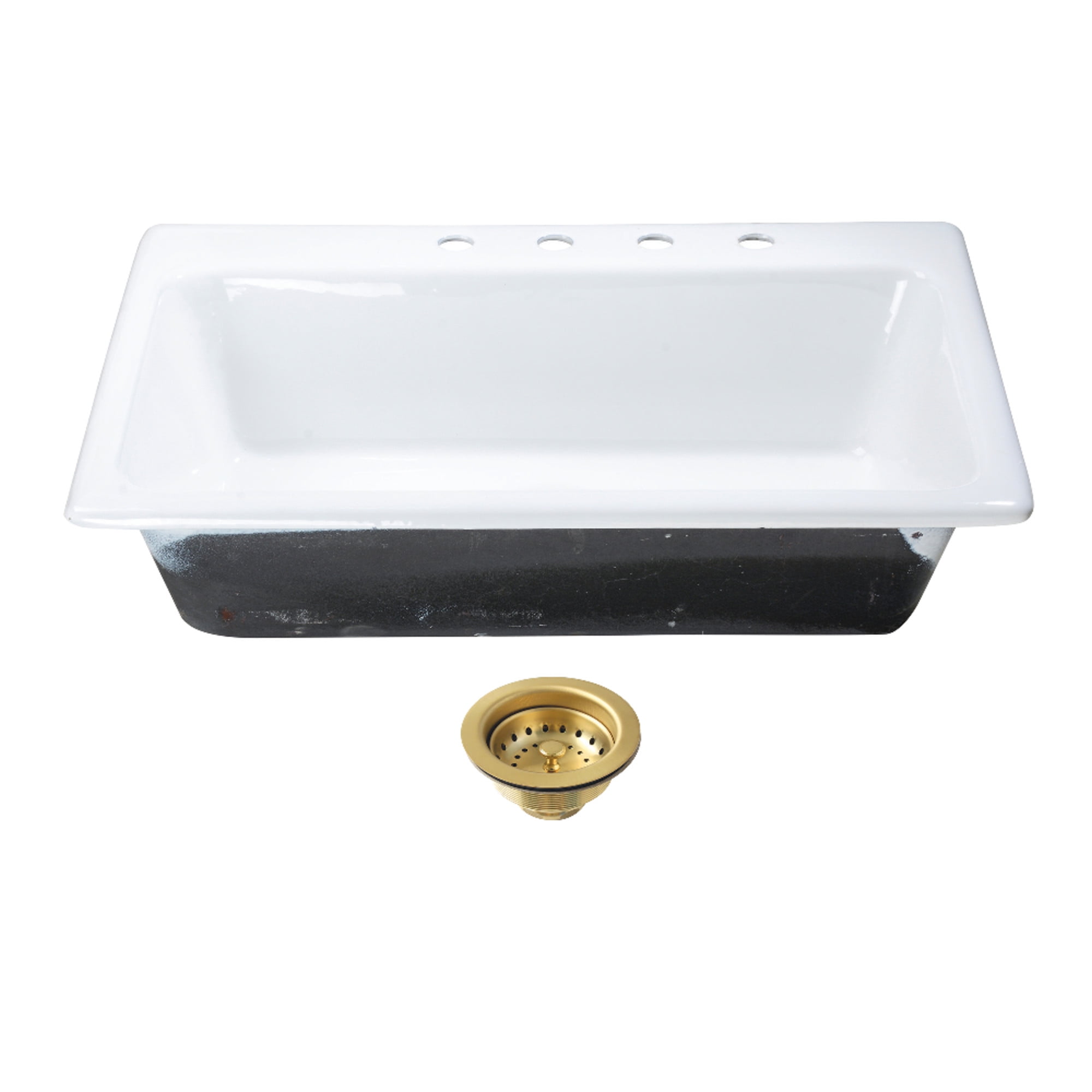 Kingston Brass KGCKTS332297 Towne 33-Inch Cast Iron Self-Rimming Single Bowl Drop-In Kitchen Sink (4-Hole) with Strainer in White/Brushed Brass