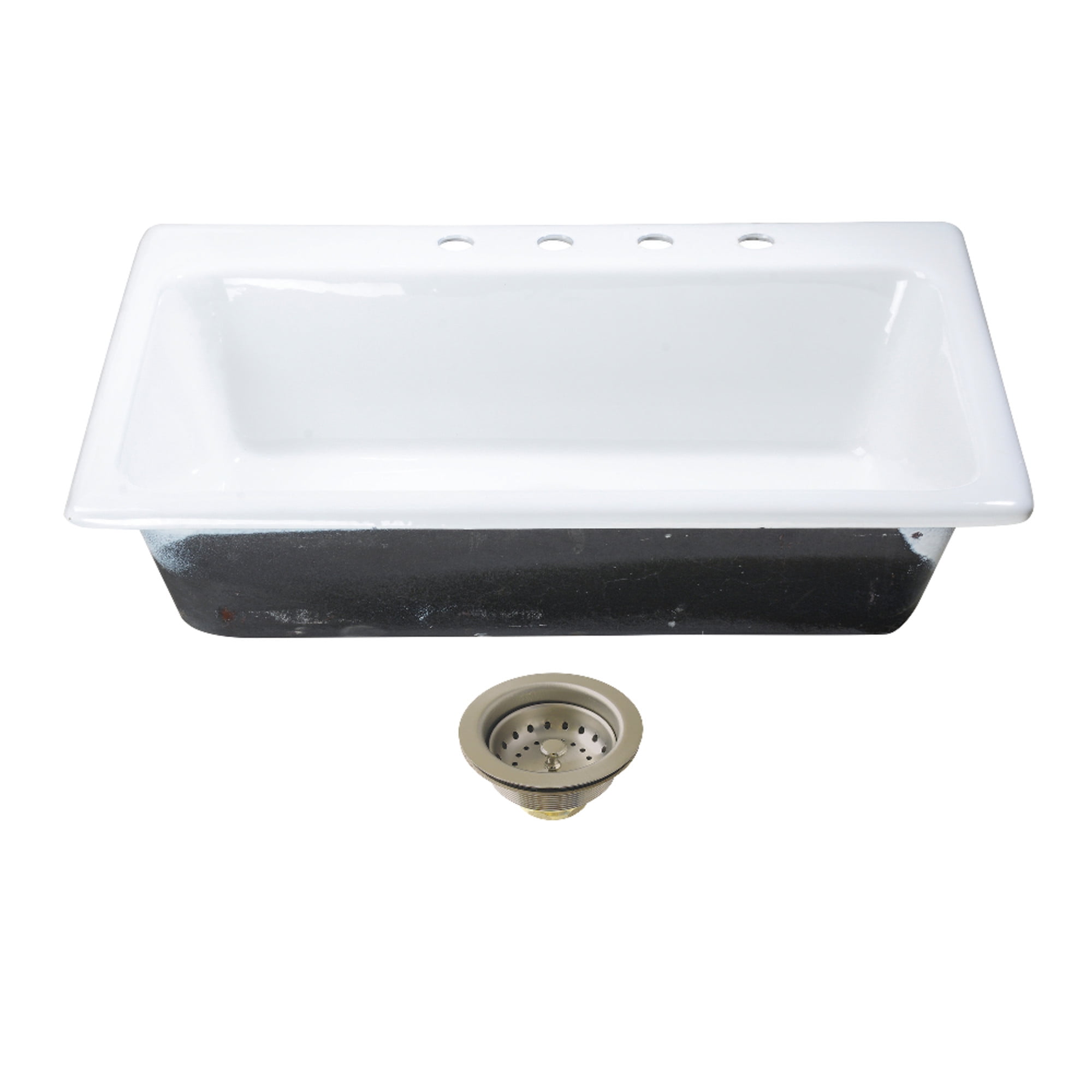 Kingston Brass KGCKTS332298 Towne 33-Inch Cast Iron Self-Rimming Single Bowl Drop-In Kitchen Sink (4-Hole) with Strainer in White/Brushed Nickel