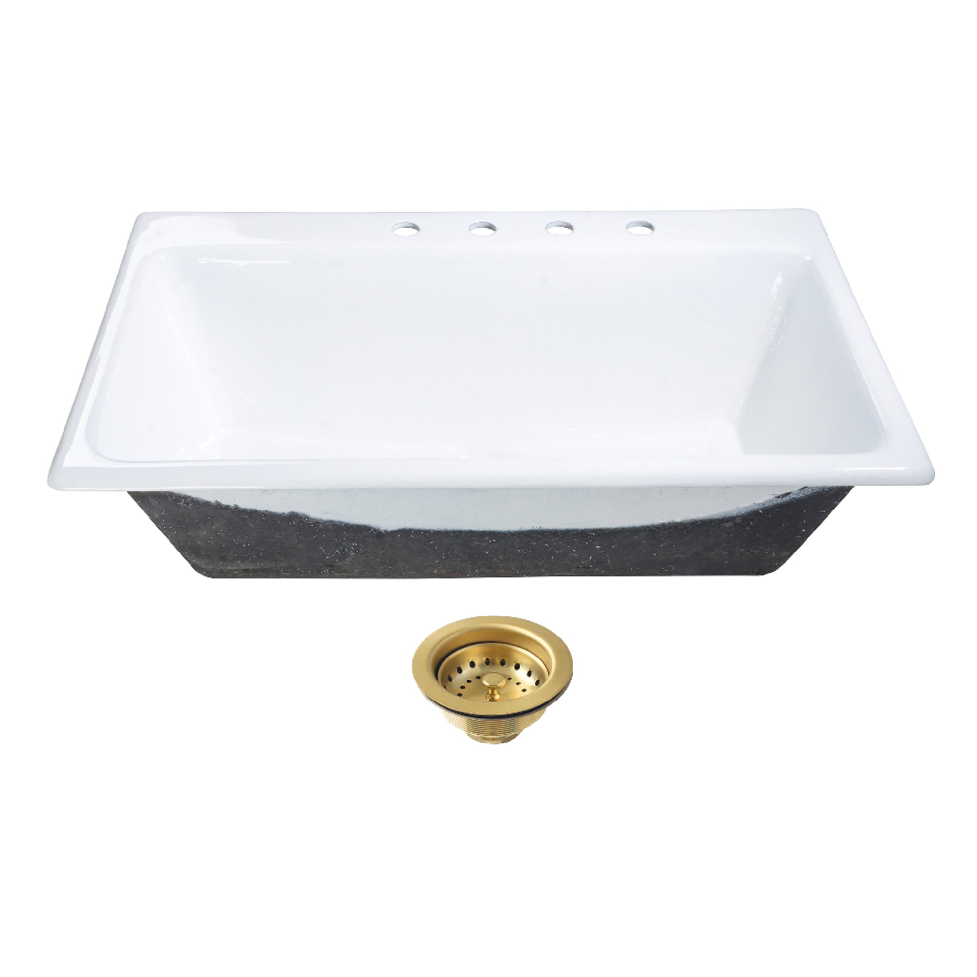 Kingston Brass KGCKTS3622117 Towne 36-Inch Cast Iron Self-Rimming Single Bowl Drop-In Kitchen Sink (4-Hole) with Strainer in White/Brushed Brass