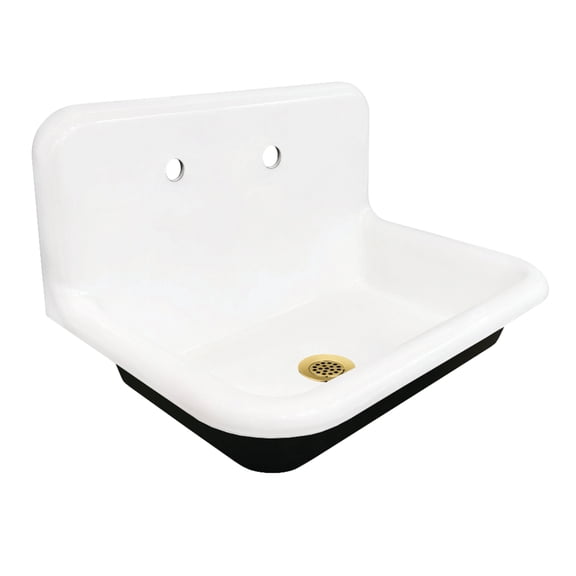Kingston Brass KGCLWS3020197 Towne 30-Inch Cast Iron Single Bowl Wall Mount Utility Sink with Drain in White/Brushed Brass