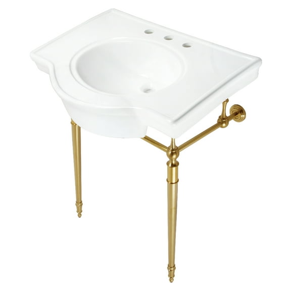 Kingston Brass VPB2215337ST Edwardian 31" Ceramic Console Sink with Brass Legs (8-Inch, 3-Hole), White/Brushed Brass