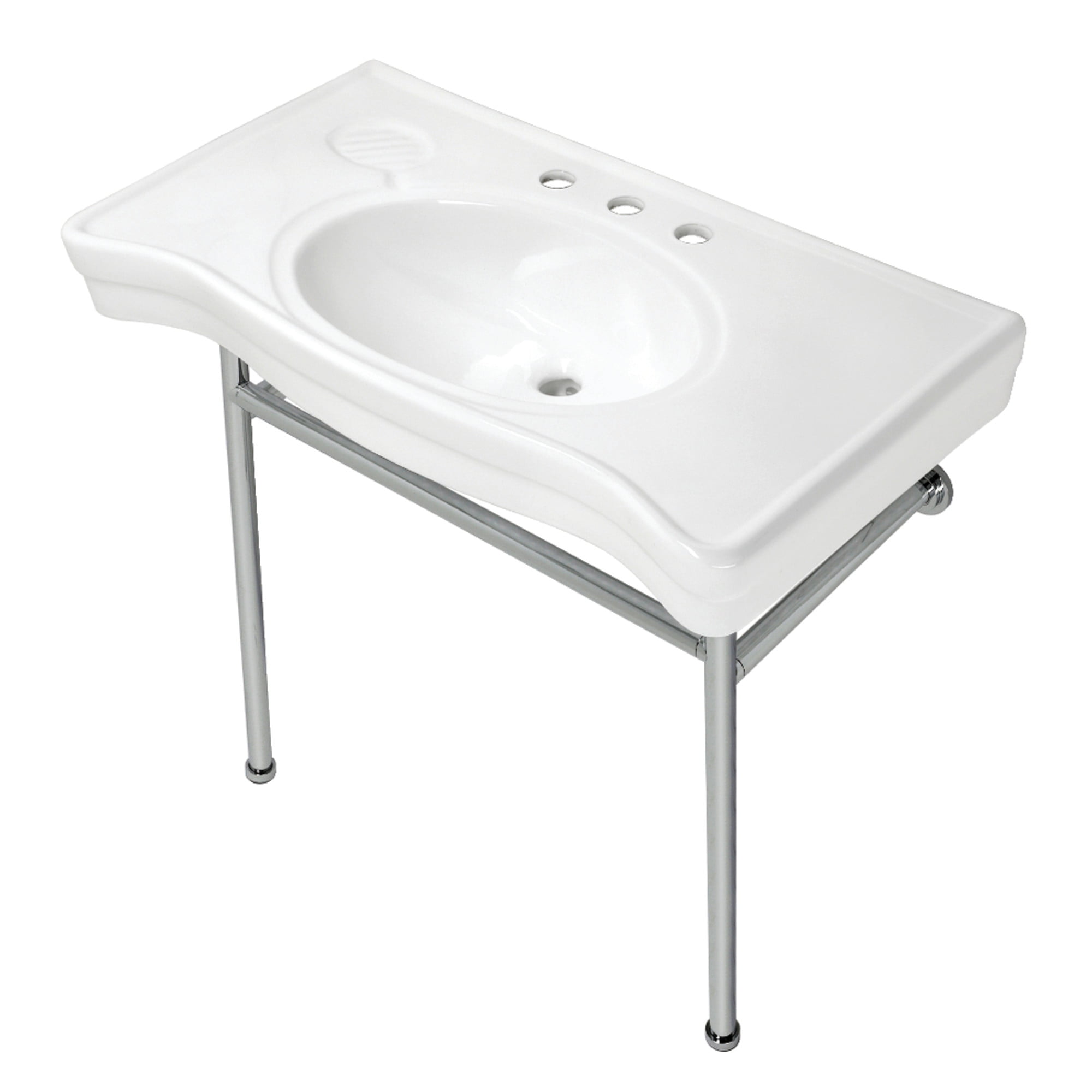 Kingston Brass VPB28140W81 Bristol 36" Ceramic Console Sink with Stainless Steel Legs (8-Inch, 3-Hole), White/Polished Chrome