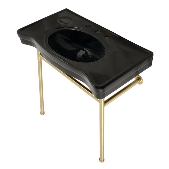 Kingston Brass VPB28140W87K Bristol 36" Ceramic Console Sink with Stainless Steel Legs (8-Inch, 3-Hole), Black/Brushed Brass