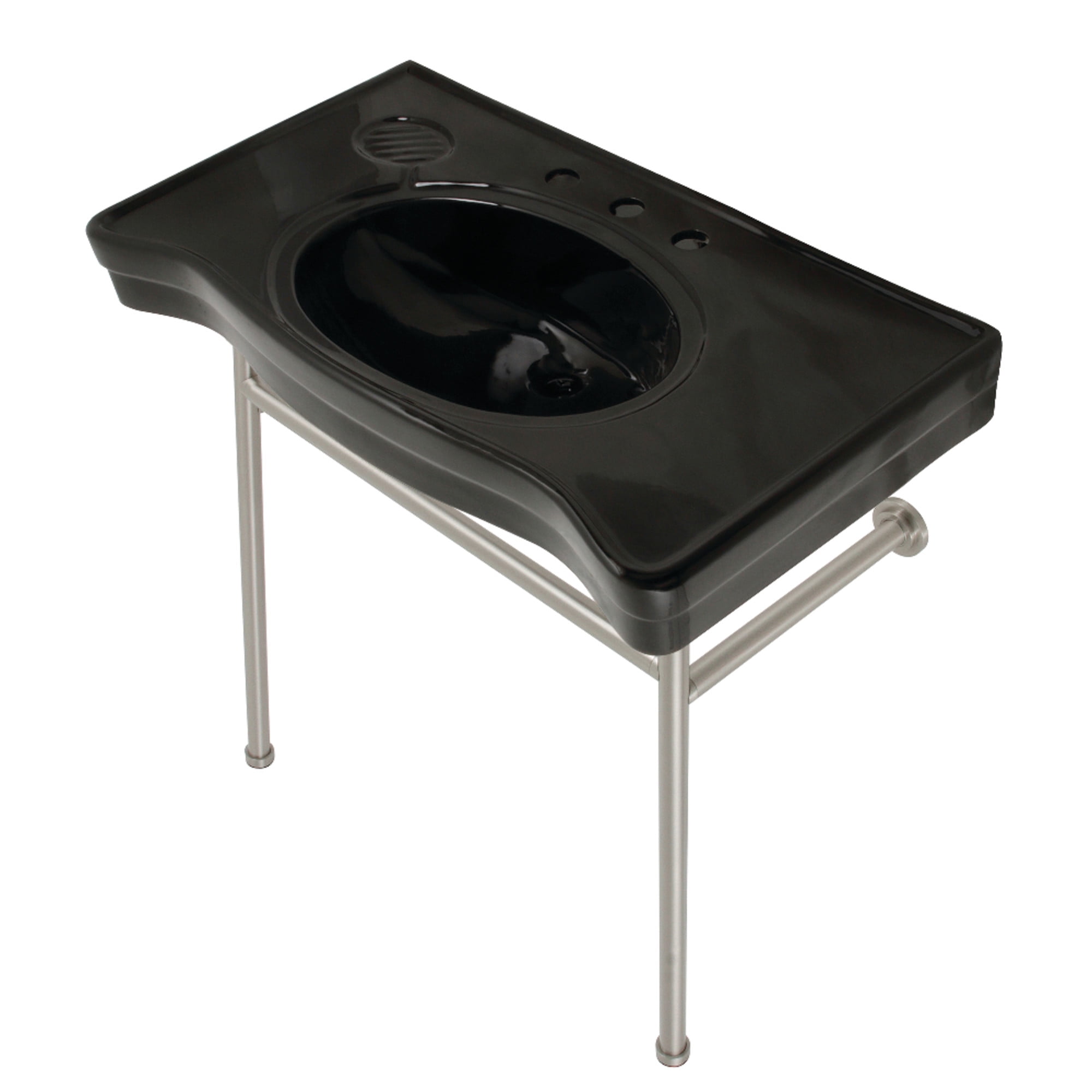 Kingston Brass VPB28140W88K Bristol 36" Ceramic Console Sink with Stainless Steel Legs (8-Inch, 3-Hole), Black/Brushed Nickel